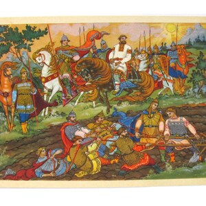 Bogatyr Volga e Mikula, cavalo, cartão postal não utilizado, cartão postal vintage soviético, ilustração, Kotukhina, Palekh, 1965, anos 1960, anos 60, URSS