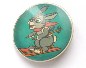 Skiing Hare Pin, Vintage plastic badge, Animal, Winter, Soviet Vintage Pin, Vintage Badge, Soviet Pin, USSR