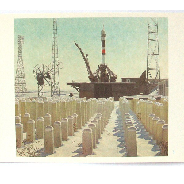 Spazio, Una giornata di sole a Baikonur, Carta spaziale, Stampa spaziale, Arte spaziale, Petrov, Non firmata, Rara cartolina vintage sovietica, URSS, 1989, anni '80