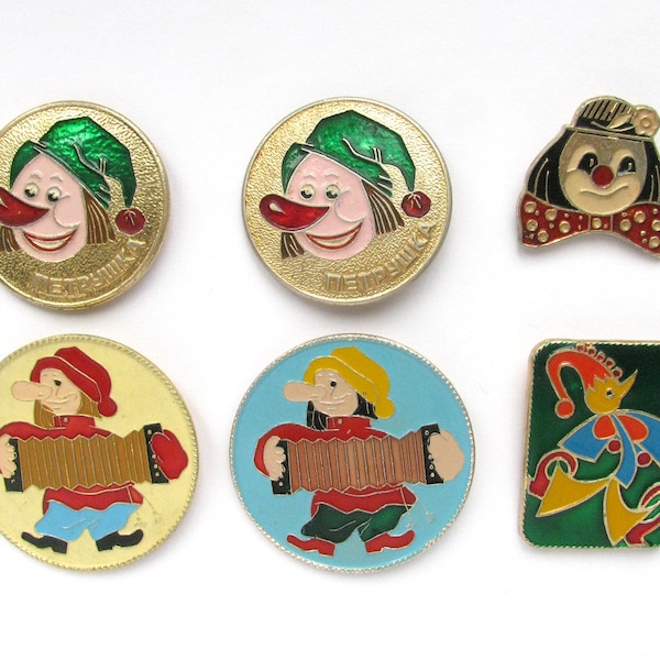 Circus Pins, Children badges, Pick your pin, Clown Pin, Petrushka, Vintage Pin, Round Pin, Metal badge, Soviet Pin, Soviet Badge, USSR, 80s