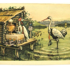 Cartão postal de conto popular russo, guindaste e garça, sem uso, animal, cartão postal vintage soviético raro, ilustração, Kuzmin, feito na URSS, 1956, anos 50