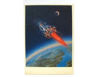 Space 1965 Painting Unused Postcard Sokolov Illustration On the Moon Cosmonaut Unsigned Rare Soviet Vintage Postcard USSR