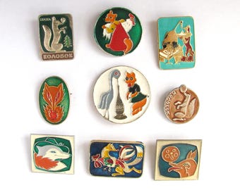 Vintage collectible badge, Fox, Pick from set, Animal, Crane, Kolobok, Pin, Soviet Union, USSR