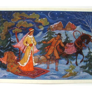 Morozko, Cartão postal não utilizado, Natal, Inverno, Natal, Pintura Palekh, Não assinado, Cartão postal vintage soviético, Kurkin, 1970, URSS, década de 1970