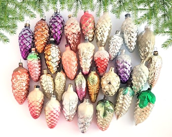 christmas decoration 70s shiny glass ornament Set of 10 Soviet Vintage Christmas ornament Colored Pine Cone Made of Glass in USSR
