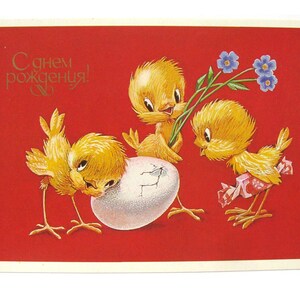 Postal de felicitación, Feliz cumpleaños, Pollo, Postal sin usar, Postal soviética vintage, Ilustración, Chetverikov, URSS, 1990