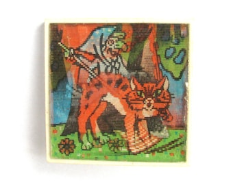 Baba Yaga and cat, Character from soviet cartoon, Holographic, Stereo, Soviet Vintage collectible badge, Made in USSR