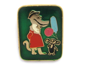 Cheburashka and Crocodile Gena, Character from soviet cartoon, Balloons, Сollectible badge, Soviet Vintage Pin, Made in USSR