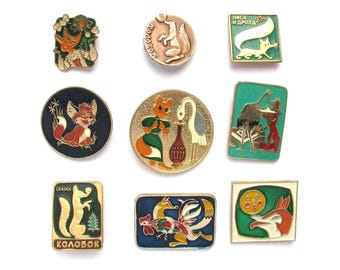 Fuchs-Anstecknadel, Auswahl aus dem Set, Tier, Kranich, Kolobok, sowjetische Vintage-Anstecknadel, UdSSR