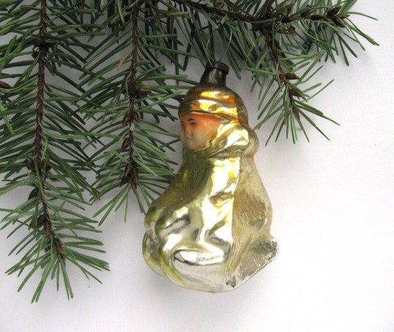 Boy on Sledge, Soviet Glass Christmas Tree Decorations, Child, Glass Xmas  Ornament, New Year, Vintage Ornament, USSR, Soviet, 50s 