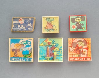 Tscheburaschka, Krokodil Gena, Vintage-Sammlerabzeichen, Auswahl aus Set, sowjetische Plastiknadel, Stereo, 1970er Jahre