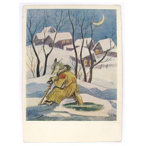 Carte postale de conte folklorique russe, inutilisé, loup, renard, pêche, animal, carte postale vintage soviétique rare, illustration, Kouznetsov, URSS, 1970, années 70
