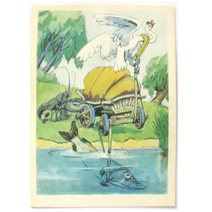 O Cisne, o Lúcio e o Lagostim, Cartão Postal, Fábula de Kryylov, Animal, Cartão Postal Soviético Vintage, Ilustração, Bazhenov, URSS, 1967, anos 60
