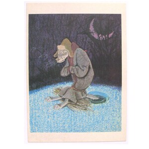 Cartão postal de conto popular russo, lobo pescando, sem uso, animal, cartão postal soviético vintage raro, ilustração, Rachev, feito na URSS, 1975, anos 70