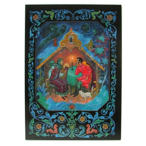 Pushkin, Noite de inverno, Cartão postal soviético, Palekh, Arte, Ilustração, Impressão, Cartão postal vintage da União Soviética, URSS, Não utilizado, Bokarev, 1985
