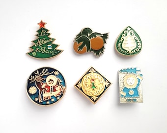 Happy New Year Pins, Pick from set, Soviet Vintage badge, Escimo boy, Sledge, Santa Claus, Christmas tree, Made in USSR, 1980s