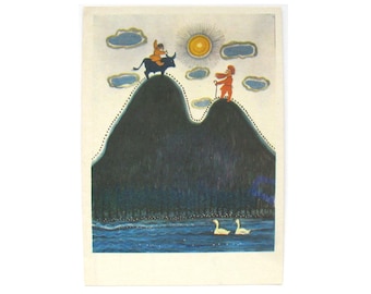 Men on hills, Beard, Horse, Unused Postcard, Rainbow, Soviet Vintage Postcard, Marshak, Tale, Illustration, Vasnetsov, Unsigned, USSR, 1970