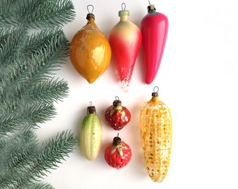 Sale!!! Set of 7 damaged glass Christmas tree decorations, Lemon, Strawberry, Home decor, Vintage Soviet Christmas ornaments, 70s, 80s