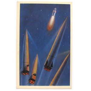 Spazio, Lancio di una navicella spaziale, Rara cartolina spaziale sovietica, Cartolina spaziale, Stampa spaziale, Arte spaziale, Sokolov, Leonov, Non firmato, URSS, 1969, anni '60