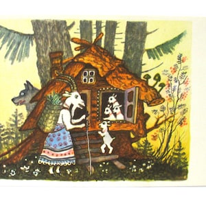 Russische Märchen Karte, Illustration, Wasnetsov, Wolf und Geißlein, unbenutzte Postkarte, Russische Vintage Postkarte, UdSSR, 1969