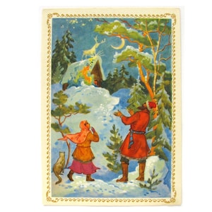 Silberner Huf, Unbenutzte Postkarte, Mädchen, Katze, Hirsch, Vintage Postkarte, Palekh, Illustration, Malinkin, Palekh, 1965, 1960er, 60er Jahre, UdSSR