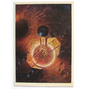 Espacio, Perforación de la Luna con un Cohete. Postal con pintura de Sokolov. Sin usar, sin firmar. Postal soviética vintage. URSS, 1982.