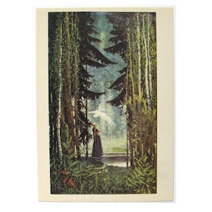 Oies, cygnes, Russie, illustration de Konstantin Vasilyev, femme, forêt, carte postale inutilisée, carte postale vintage soviétique, URSS, 1982