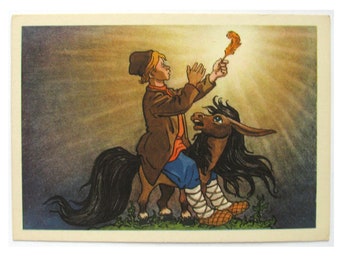 Piccolo cavallo gobbo, cartolina inutilizzata, cartolina d'epoca sovietica, illustrazione, Valk, 1957, anni '50, URSS