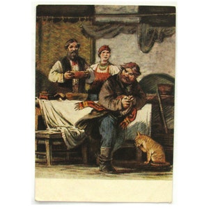 Zuppa di pesce di Demjan, cartolina, favola di Kryylov, inutilizzata, uomo, gatto, cartolina d'epoca sovietica, illustrazione, Taranov, URSS, 1956, anni '50