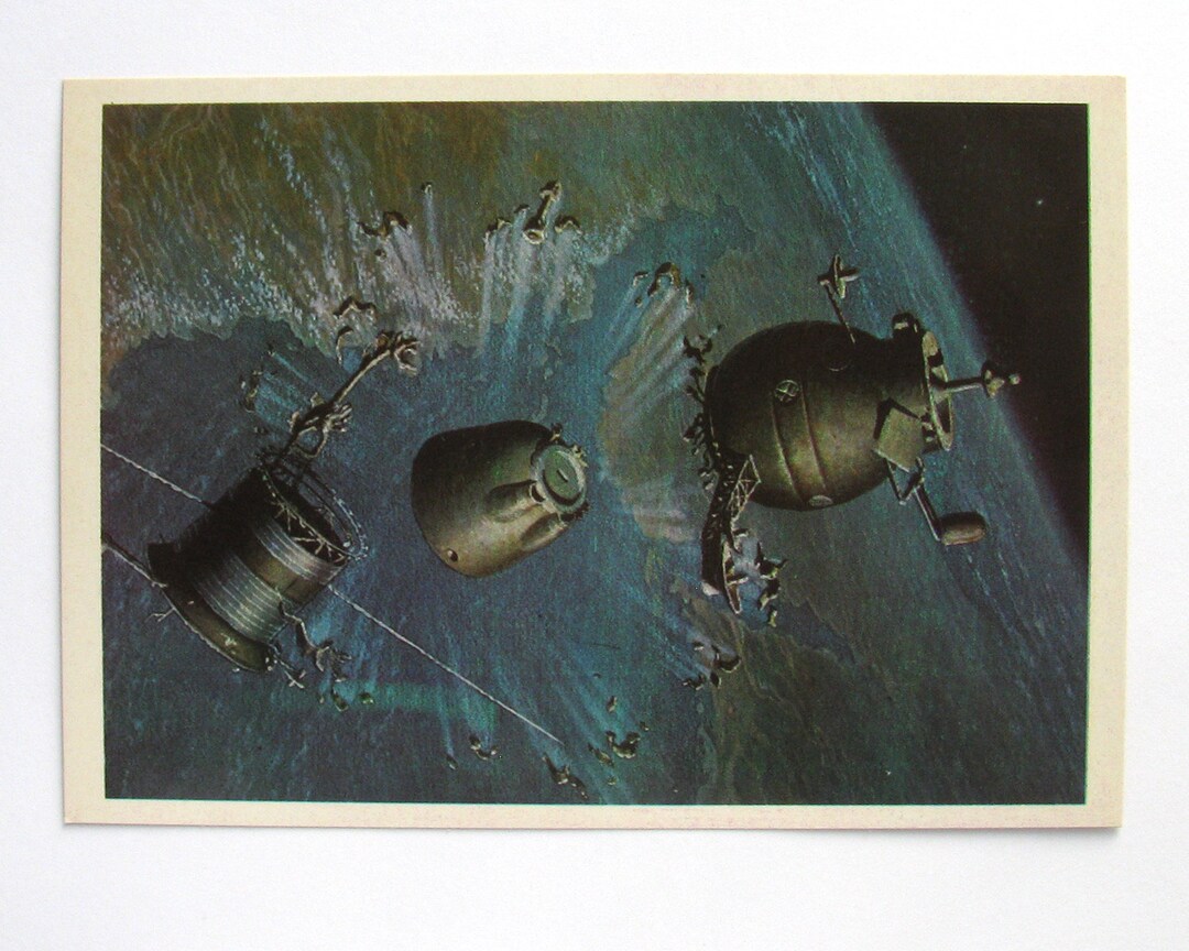Ruimte, Sojoez gaat naar de aarde, ruimtekaart, ruimteprint, ruimtekunst,  Sokolov, ongebruikt, niet ondertekend, Sovjet vintage ansichtkaart, USSR,  1982 - Etsy België, image size:1080x864
