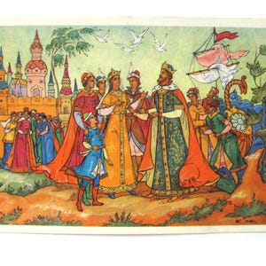Wonderful Sons, Palekh, carte postale vintage, Kourkine, folklorique, conte, miniature en laque, art, URSS, carte postale vintage soviétique, non signée, 1970