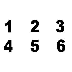 May include: A grid of six black numbers arranged in two rows and three columns against a plain white background. The top row displays the numbers 1, 2, and 3, while the bottom row displays the numbers 4, 5, and 6 in a bold, sans-serif typeface.