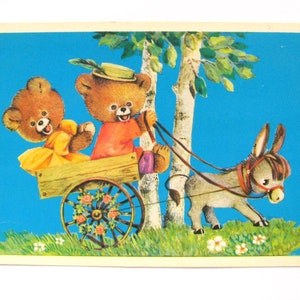 Kinder Postkarte, Bären auf Eselswagen, Cartoon, Illustration, unbenutzt, Vintage Postkarte, Manilova, 1977