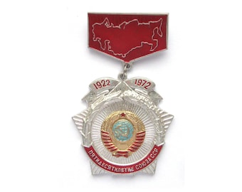 50 years to USSR, Badge, USSR coat of arms, flag, Vintage collectible metal pin, Made in USSR, 1970s