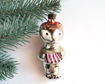 Bear playing on accordion, Rare Soviet Christmas tree decoration, Glass Xmas tree ornament, Animal, New Year, USSR, Soviet Union, 1960s