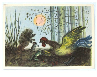 Holzhaus, Unbenutzte Postkarte, Teremok, Igel, Rote Vintage Postkarte, Marschak, Märchen, Wasnetsov, UdSSR, 1974