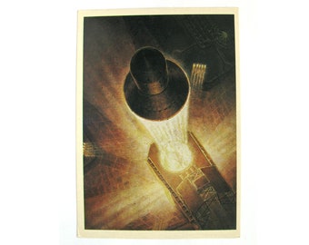 May include: Vintage illustration of a rocket launching into space. The artwork depicts a cylindrical rocket blasting off from a launchpad, with bright light and smoke emanating from the base. The background is a dark, textured space scene.