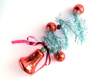 Red Xmas bell, Soviet Christmas tree decoration, 1 Bell + 3 Balls, Christmas glass ornament, Vintage New Year, USSR, Soviet Union, 1970s