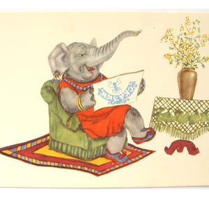 Femme de lecture d'éléphant, carte postale inutilisée rare, humour, illustration, Cheremnyykh, carte postale vintage soviétique rare, URSS, 1964, années 60, années 60