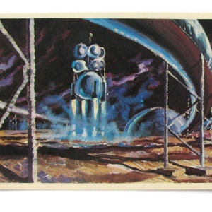 Espacio, lanzamiento al cosmódromo de la Luna, postal espacial, impresión espacial, arte espacial, Sokolov, ilustración, postal soviética vintage, URSS, 1975, años 70