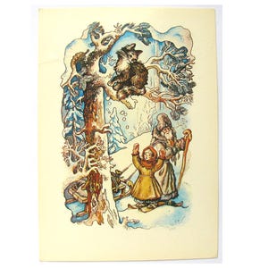 Gatto sull'albero, cartolina inutilizzata, inverno, cartolina d'epoca sovietica, Natale, racconto, illustrazione, Melnichenko, non firmata, URSS, 1985