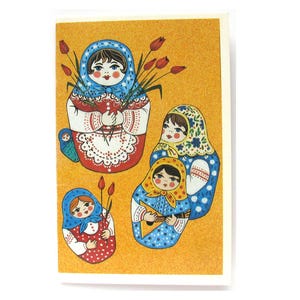 Cartolina di congratulazioni sovietica, bambole matrioska, cartolina inutilizzata, cartolina d'epoca sovietica, illustrazione, Zhukova, 1990, URSS, anni '90, anni '80