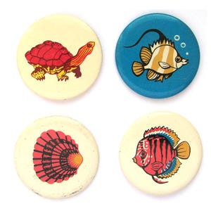 May include: Four round vintage pinback buttons with sea life designs. The buttons feature a red turtle, a yellow and white striped fish on a blue background, a red seashell, and a red and yellow fish. The buttons are on a white background.