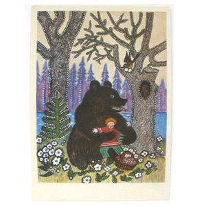 Beer en jongen, ongebruikte ansichtkaart, regenboog, bos, Sovjet vintage ansichtkaart, marshak, verhaal, illustratie, Vasnetsov, niet-ondertekend, USSR, 1970