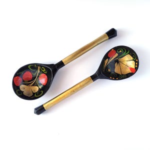 Vintage Khokhloma Wooden Lacquered Decorative Spoons, Hand Painted Berry Folk Art Tableware, Retro Lacquer Serving Utensils, 1980s, 80s