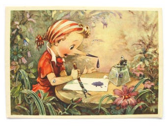 The Golden Key, Unused Postcard, Illustration, Cartoon, Pinocchio, Fairy Tale, Print, Buratino, Soviet Vintage Postcard, Vladimirsky, 50s