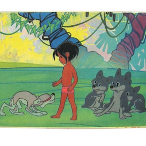 Mogli, Lobo, Cartão-postal soviético raro, Desenho animado, Não utilizado, Ilustração de Repkin, Cartão-postal soviético vintage, URSS, 1969