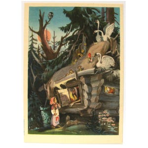 Postal de cuento popular ruso, sin usar, gansos y cisnes, Baba Yaga, postal soviética vintage rara, ilustración, Kuznetsov, hecha en la URSS, 1955, años 60