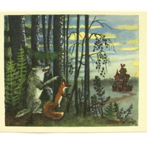 Casa de madera, postal sin usar, Teremok, Lobo, Zorro, postal soviética vintage, Marshak, cuento, ilustración, Vasnetsov, sin firmar, URSS, 1974