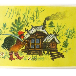 Rosyjska karta z bajką ludową, kogut, ilustracja, Wasniecow, nieużywana pocztówka, radziecka stara pocztówka, radziecka pusta karta, ZSRR, 1969